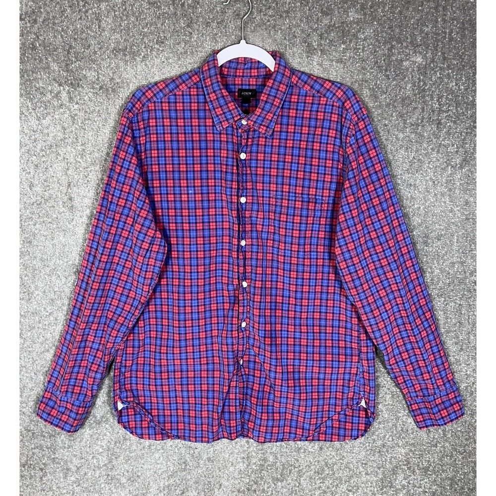 J Crew Button Up Shirt Mens Size Large Red Blue Plaid Chest Pocket Long Sleeve